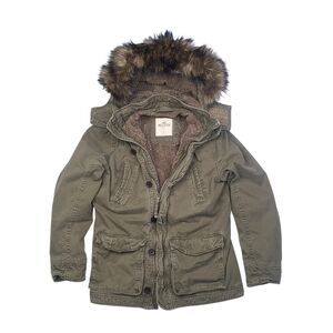 RARE Vintage Hollister Sherpa Lined Parka Faux Fur Hood Military Jacket L Olive